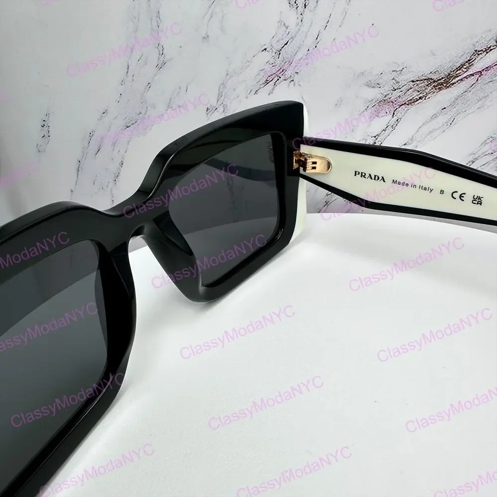 New PRADA Sunglasses Black White Talc Gold Symbole Logo Womens Rectangle